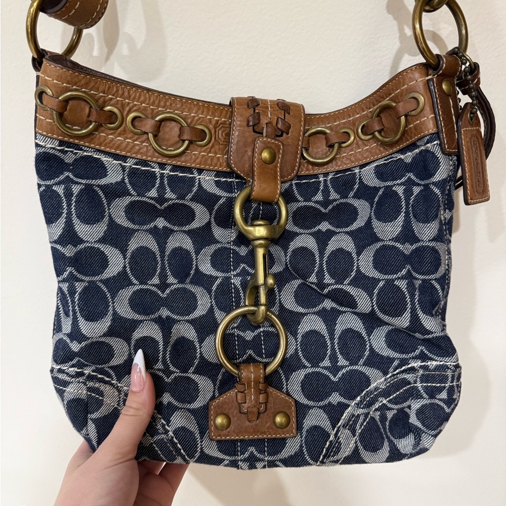 Coach Denim and Brown Signature Shoulder Bag